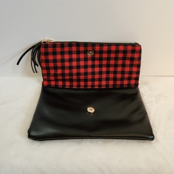 Funky Monkey Red Black Buffalo Check Plaid Foldover Clutch Bag Purse NWOT - Picture 5 of 11